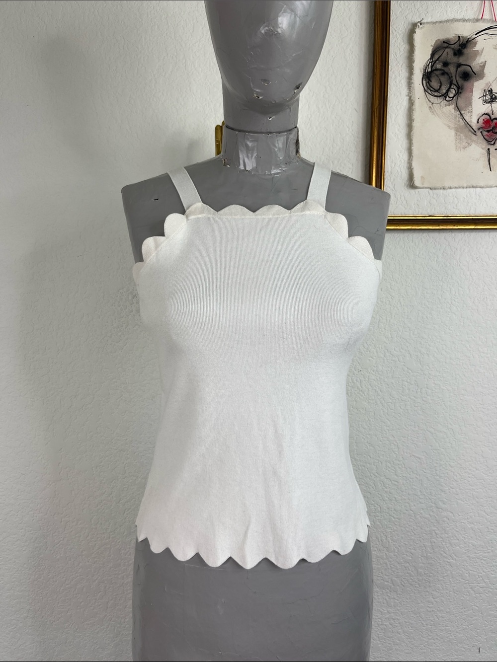 MILLY High Neck Scallop Inverted Tank Knit Top